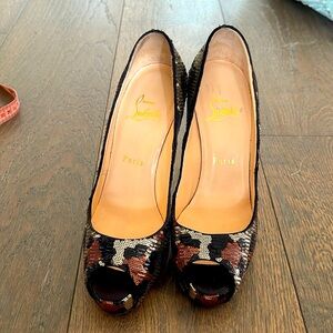 Authentic Christian louboutin peep toe heels 37 leopard sequin sequence animal